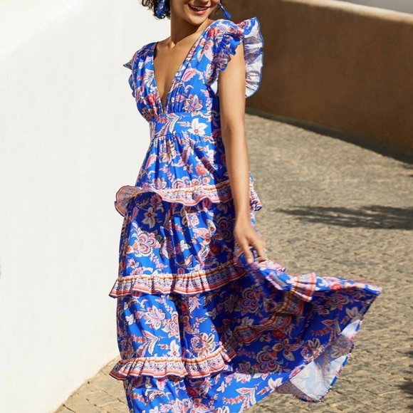 . Dresses & Skirts - Boho Womens Floral Print Plunging Neck Ruffle Trim Dress